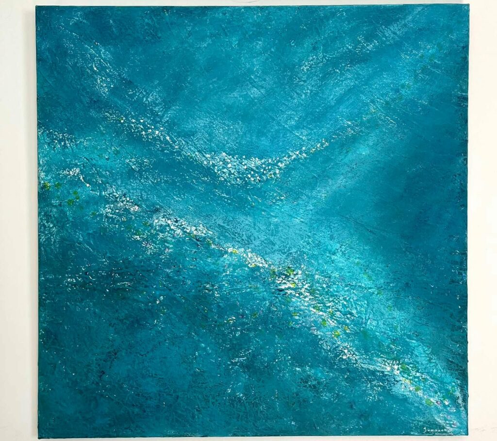 Mélodie du Lac — toile marine abstraite de Joanne G., artiste peintre à Braine-l’Alleud (Brabant wallon)